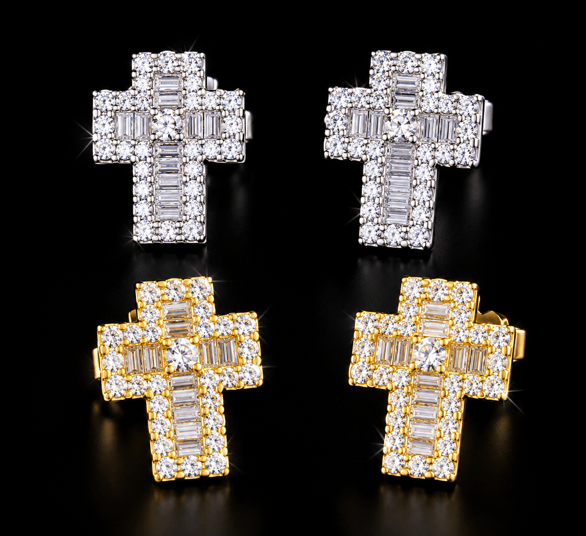 Divine Ice Iced-Out Baguette Cross Stud Earrings – Gold & Silver - Virtue JewelGold