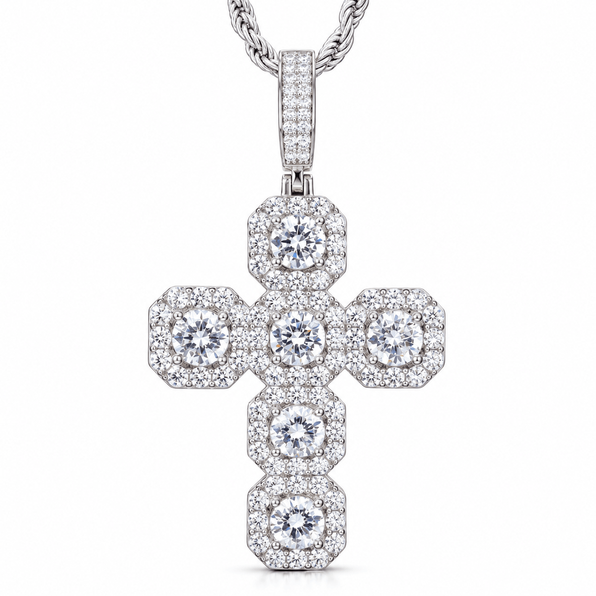 Fashion Design Party Jewelry 925 Sterling Silver Paved Vvs Moissanite Diamond Cluster Halo Cross Pendant for Men - Virtue JewelWhite GoldPendant