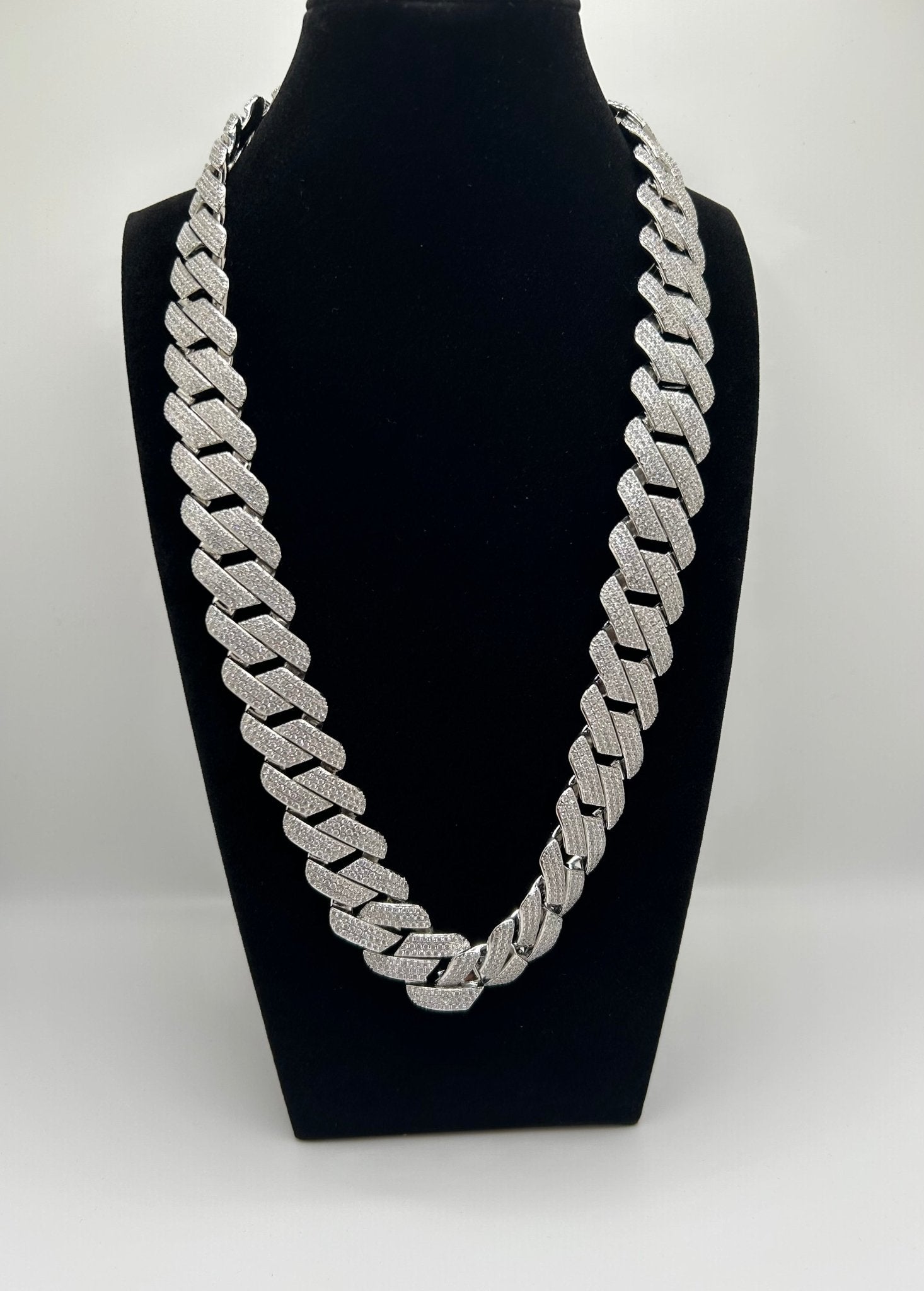 Flat Square Silver White Gold Plated Cuban Iced Out Stimulated Diamonds Chain - Virtue Jewel20inchChain Necklace