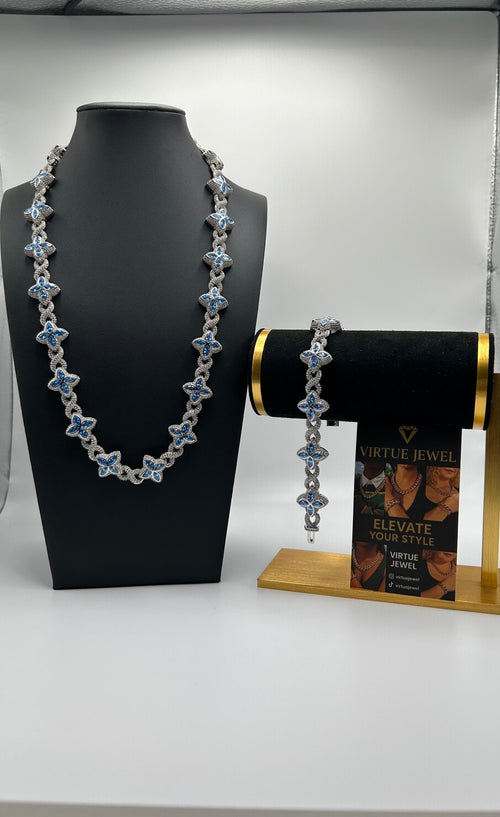 Flower 4 Leaf Clover Iced Out Chains & Bracelet Silver & Blue Set - Virtue Jewel207