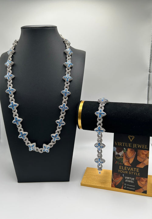 Flower 4 Leaf Clover Iced Out Chains & Bracelet Silver & Blue Set - Virtue Jewel207