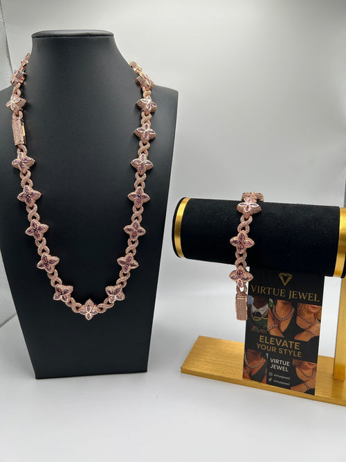 Flower 4 Leaf Clover Iced Out Premium Quality Chains & Bracelet Rose Gold Pink Set - Virtue Jewel207