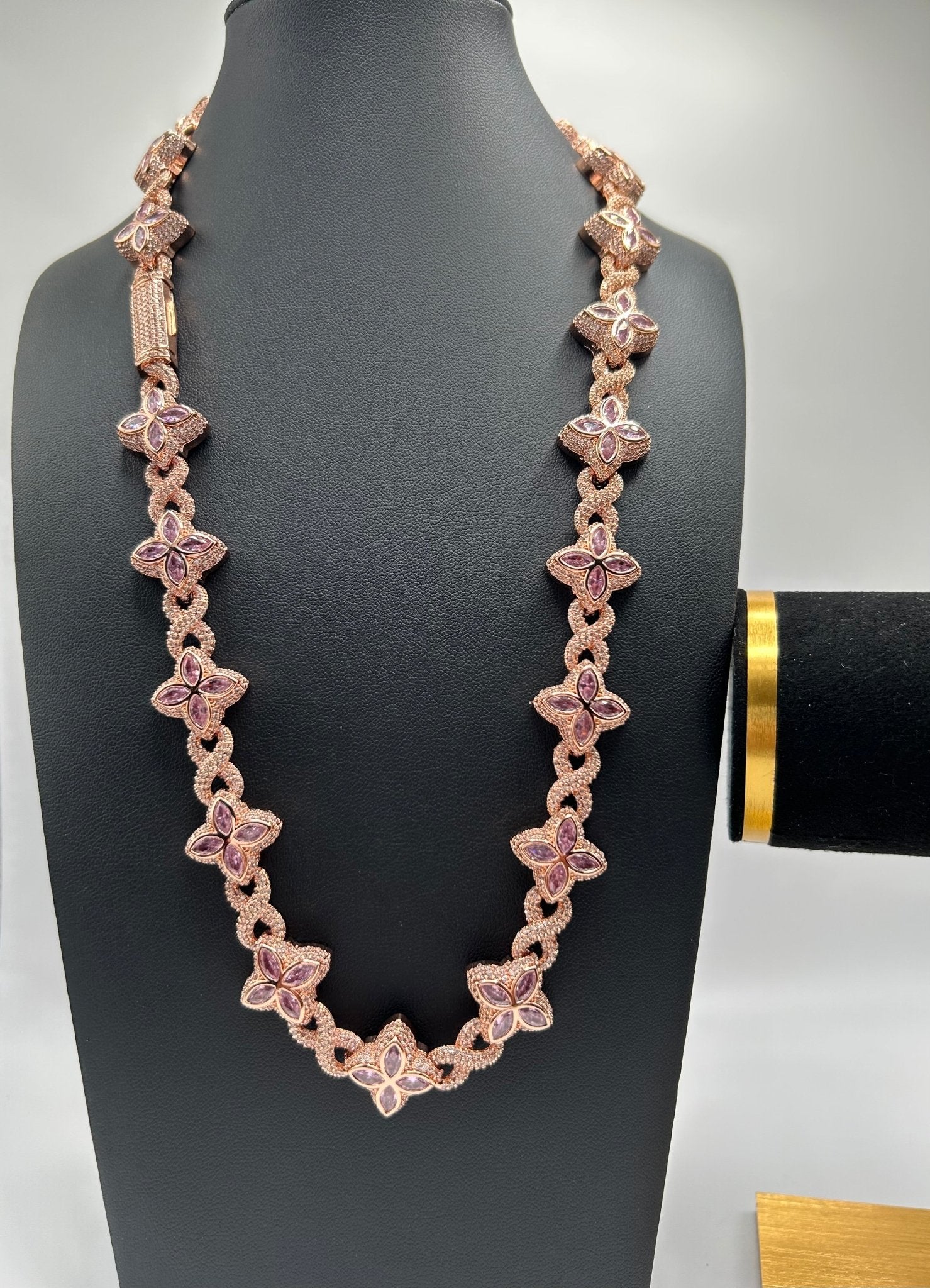 Flower 4 Leaf Clover Iced Out Premium Quality Chains & Bracelet Rose Gold Pink Set - Virtue Jewel207