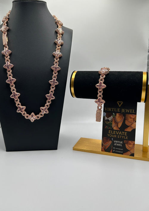 Flower 4 Leaf Clover Iced Out Premium Quality Chains & Bracelet Rose Gold Pink Set - Virtue Jewel207