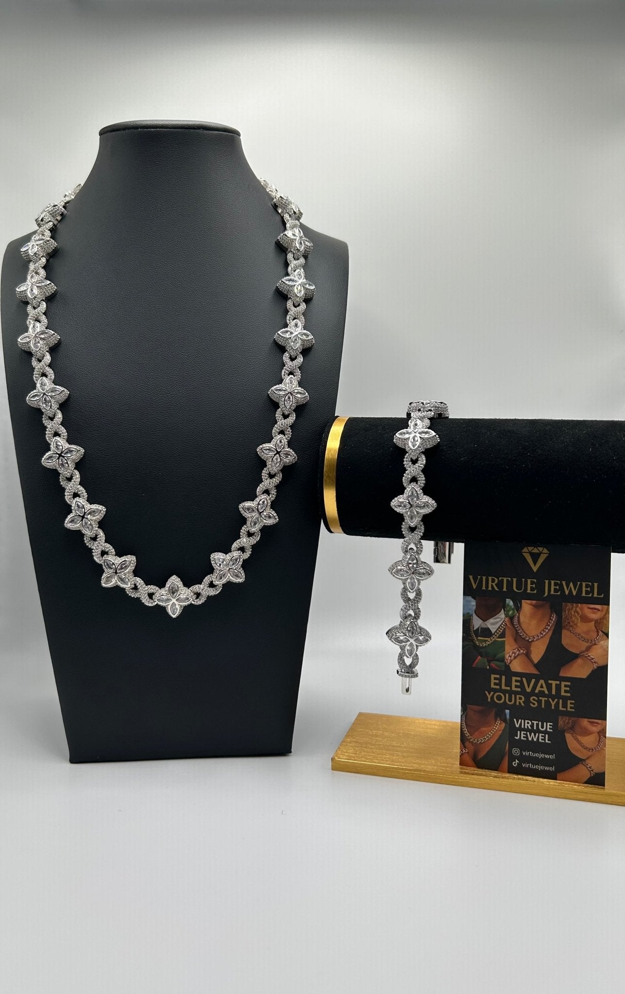 Flower 4 Leaf Clover Iced Out Premium Quality Chains & Bracelet Silver & White Set - Virtue Jewel207