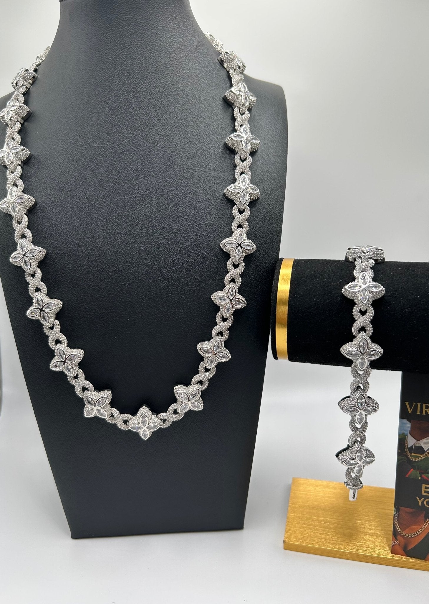 Flower 4 Leaf Clover Iced Out Premium Quality Chains & Bracelet Silver & White Set - Virtue Jewel207