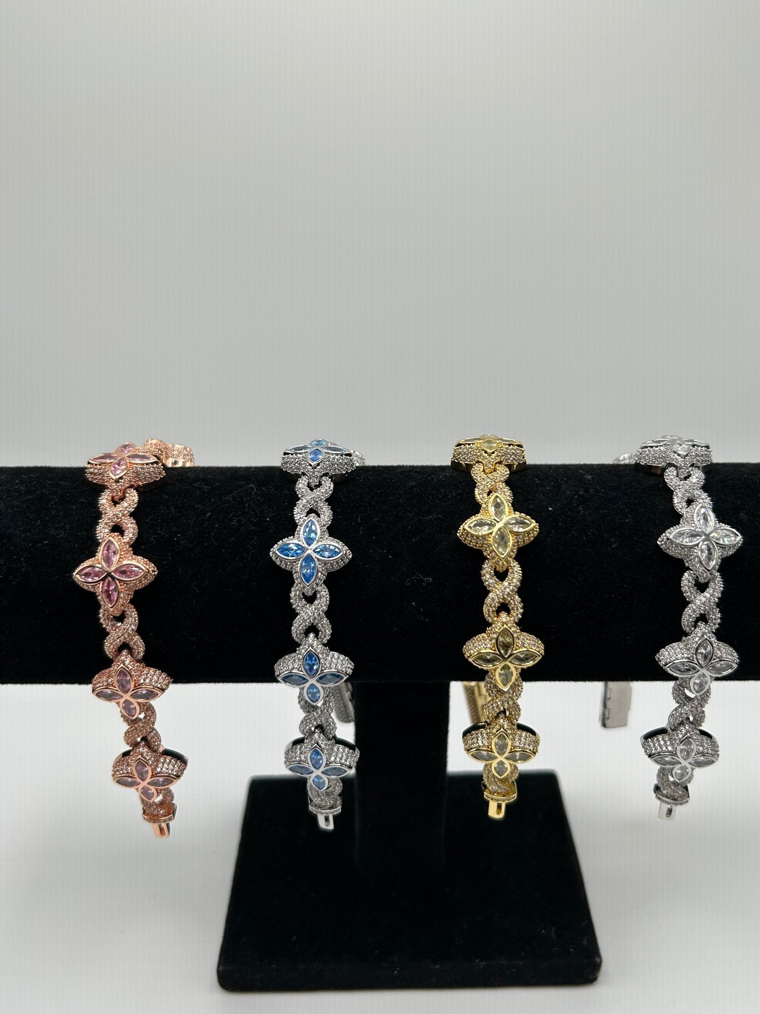 Flower 4 Leaf Clover Iced Out Stimulated Diamonds Bracelet: Rose Gold Gold | Pink | Silver| Blue - Virtue Jewel7Rose Gold & Pink