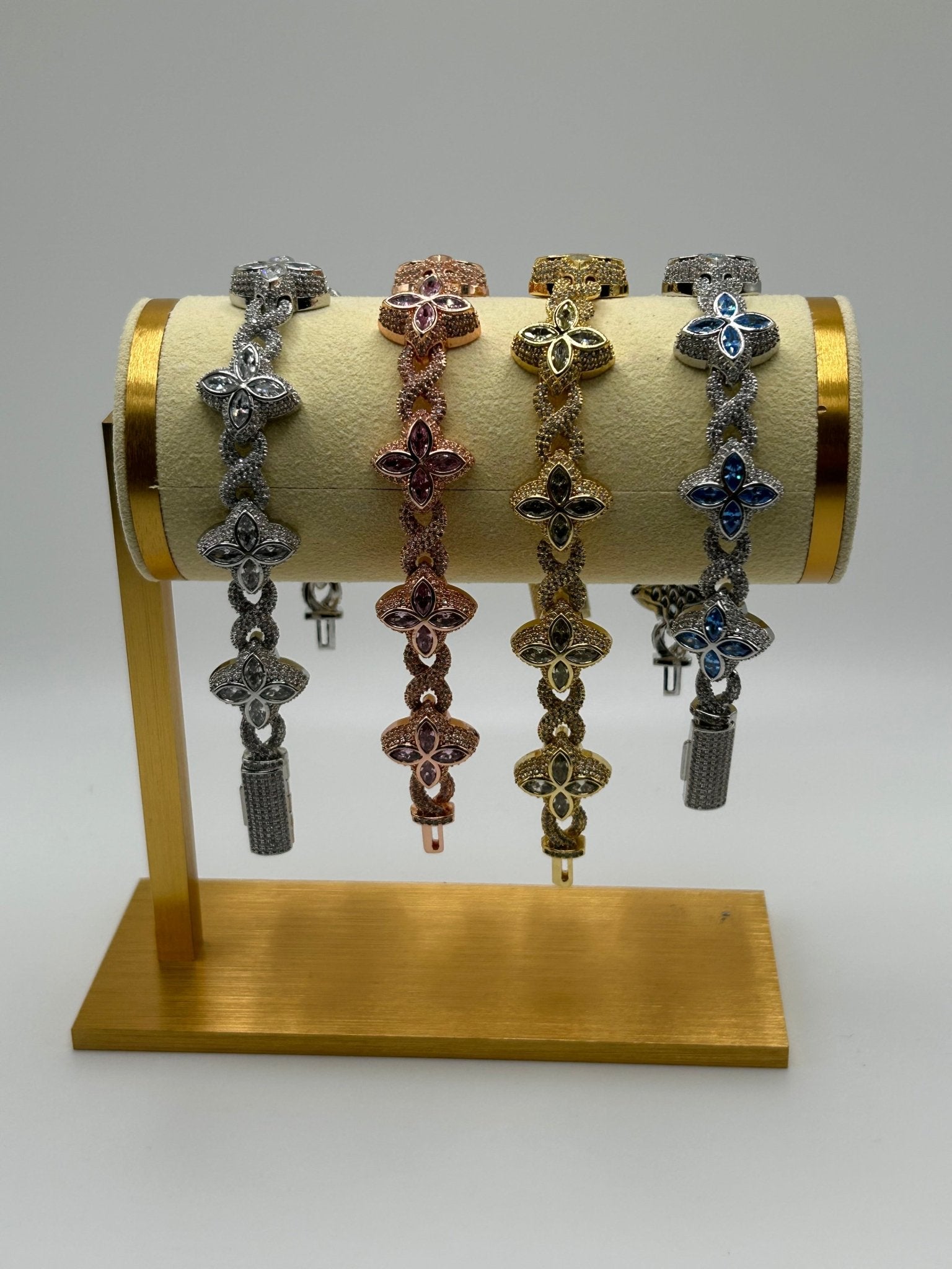 Flower 4 Leaf Clover Iced Out Stimulated Diamonds Bracelet: Rose Gold Gold | Pink | Silver| Blue - Virtue Jewel7Rose Gold & Pink