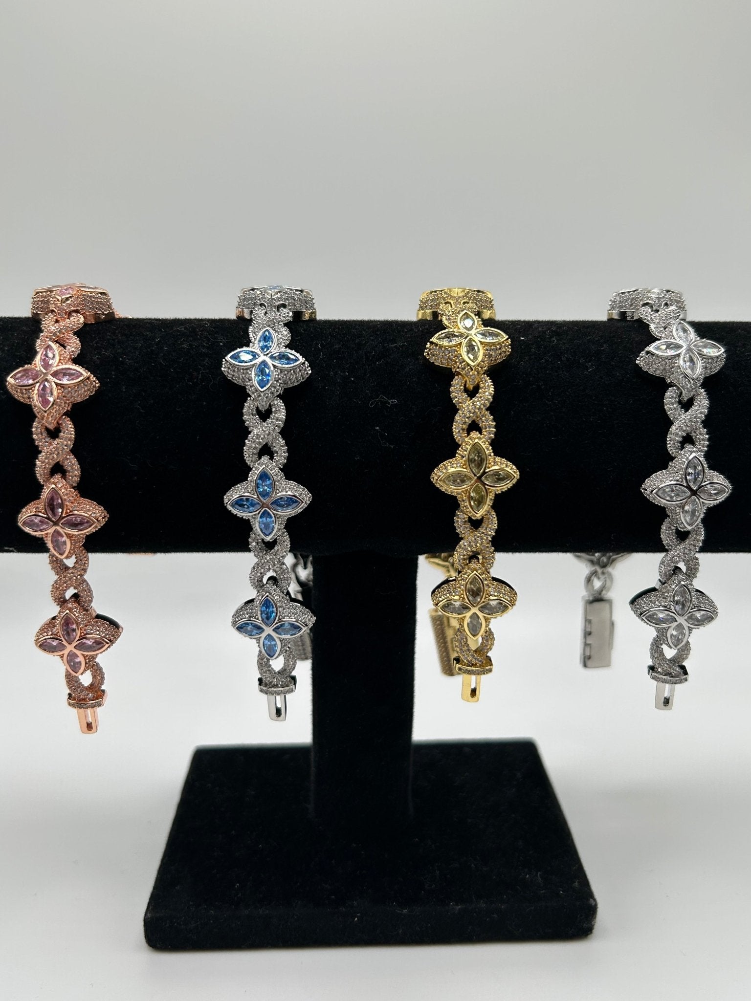 Flower 4 Leaf Clover Iced Out Stimulated Diamonds Bracelet: Rose Gold Gold | Pink | Silver| Blue - Virtue Jewel7Rose Gold & Pink
