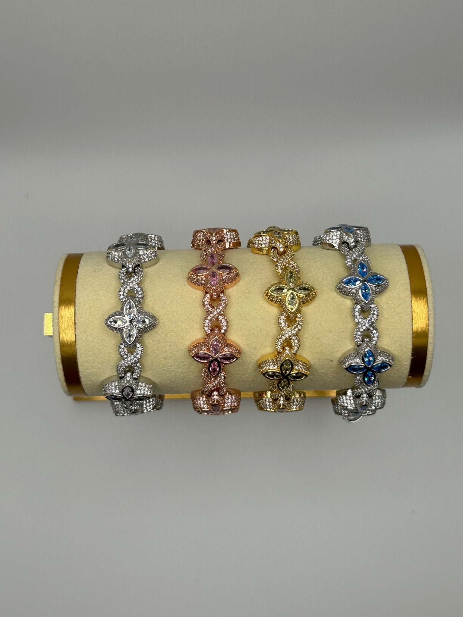 Flower 4 Leaf Clover Iced Out Stimulated Diamonds Bracelet: Rose Gold Gold | Pink | Silver| Blue - Virtue Jewel7Rose Gold & Pink