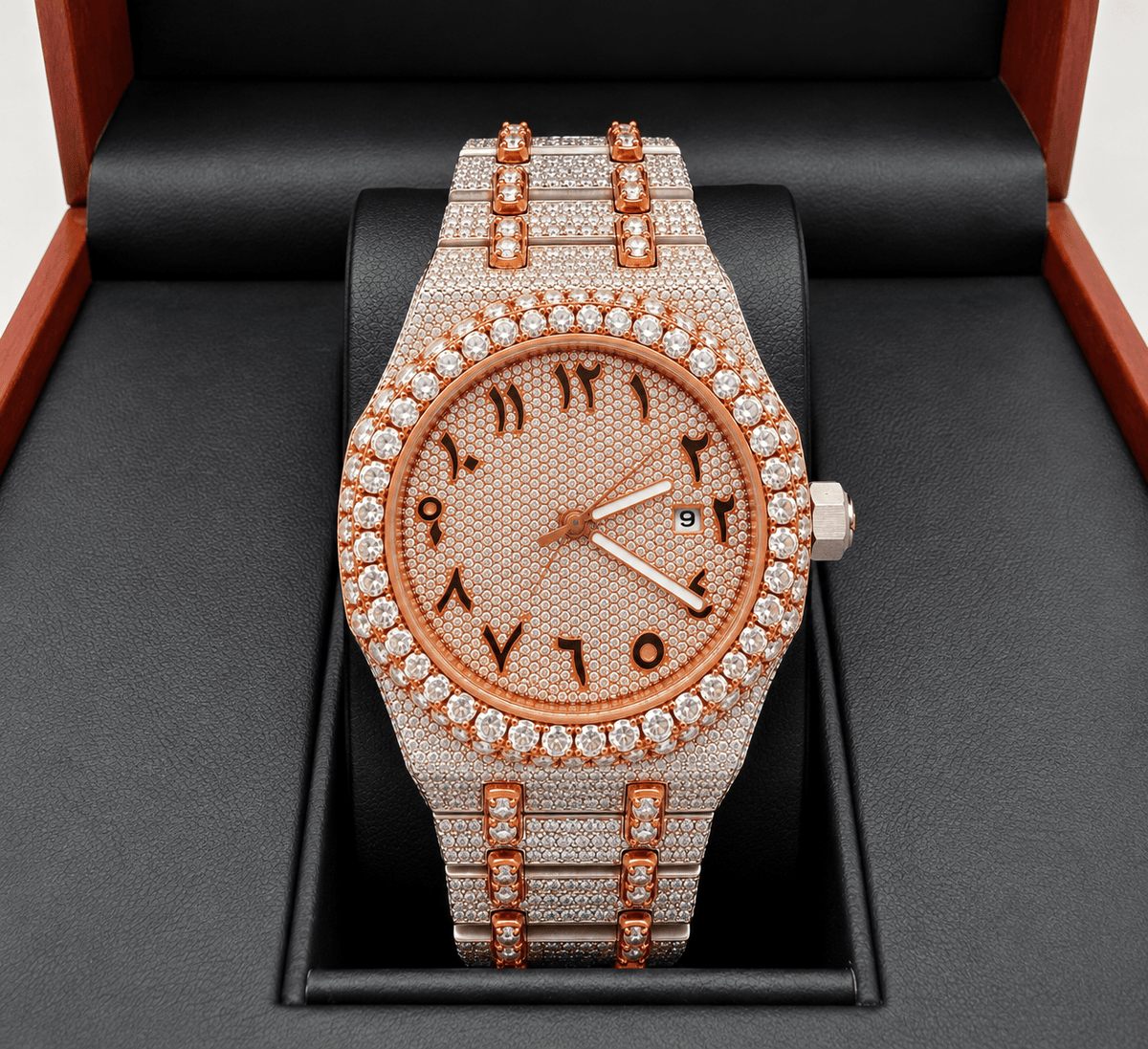 Fully Iced-Out Arabic Dial Watch – Silver, Gold & Rose Gold - Virtue JewelRose gold