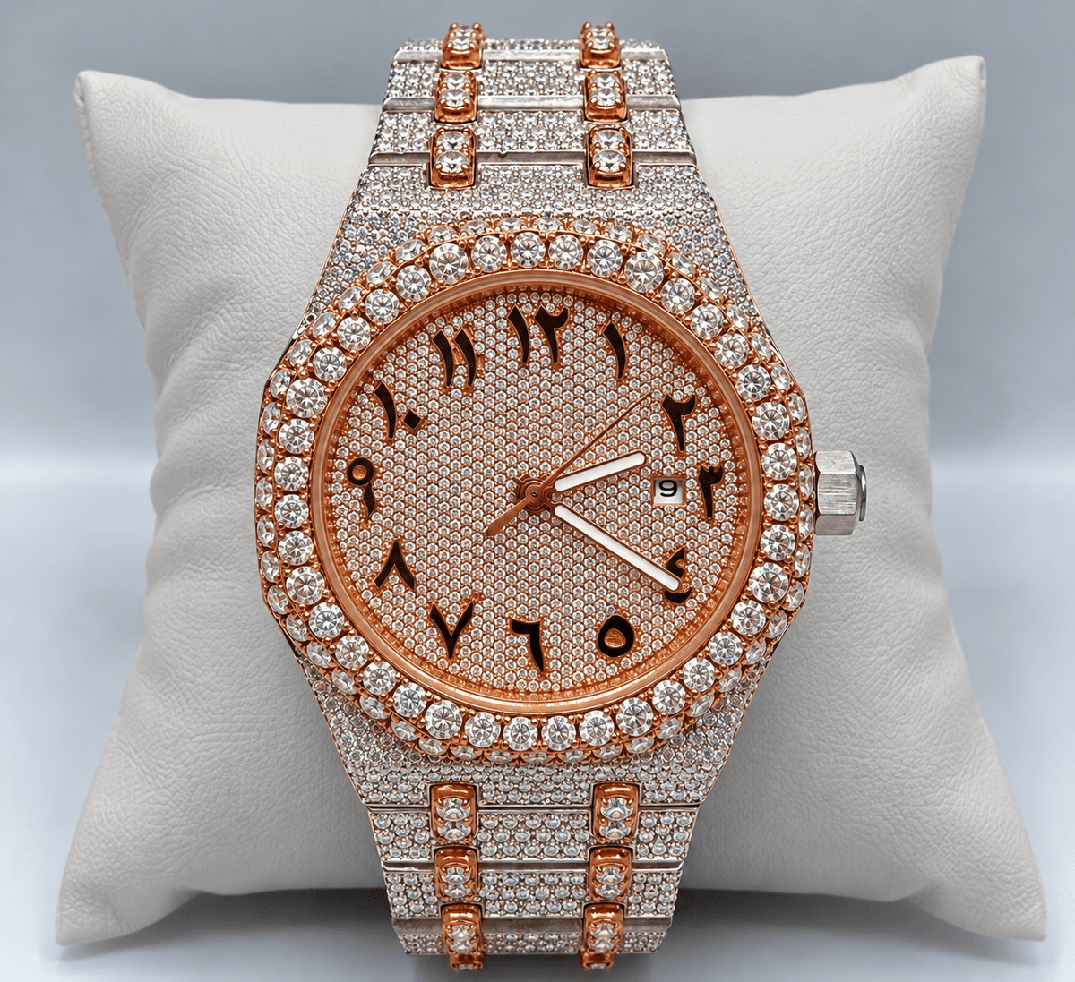Fully Iced-Out Arabic Dial Watch – Silver, Gold & Rose Gold - Virtue JewelRose gold