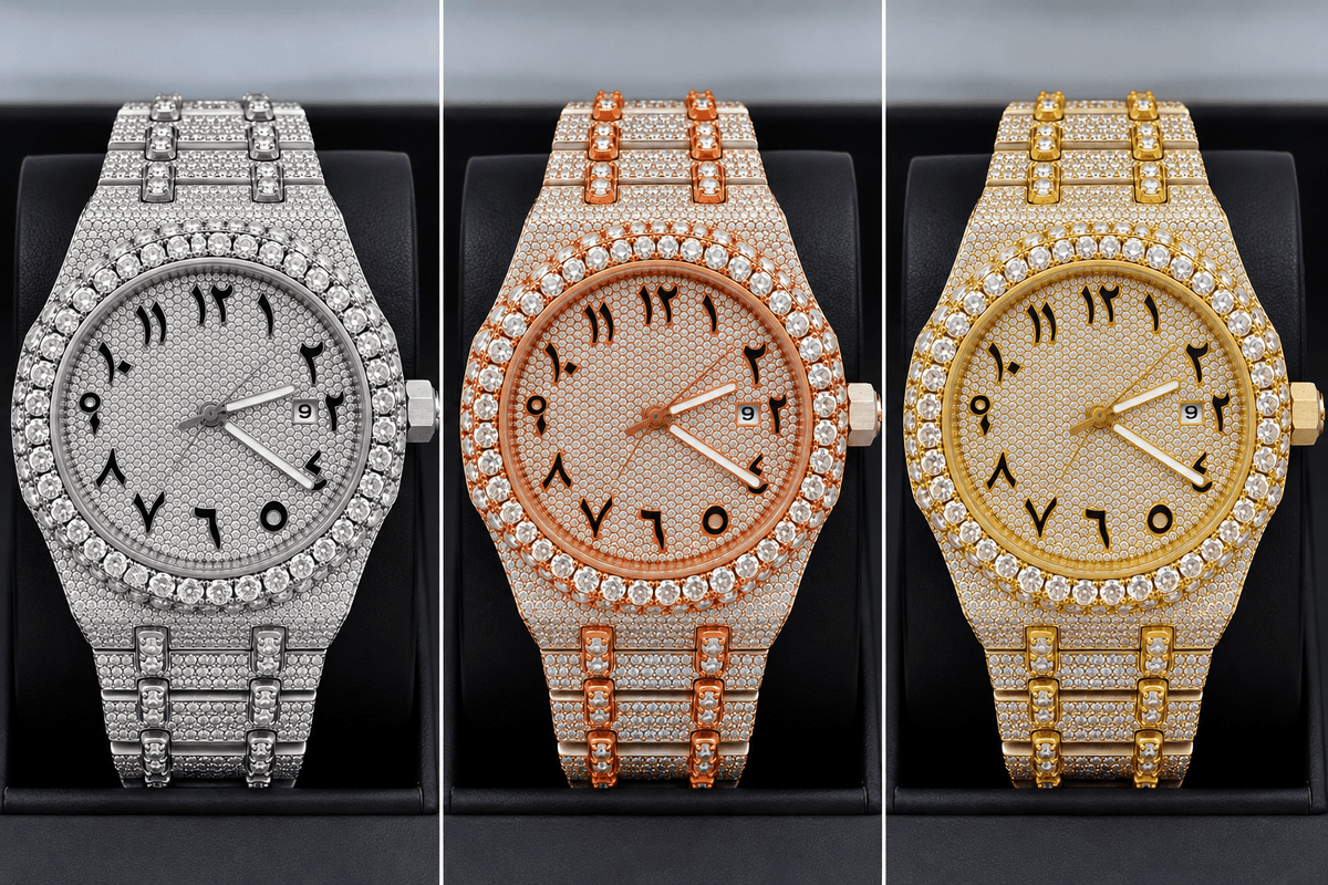 Fully Iced-Out Arabic Dial Watch – Silver, Gold & Rose Gold - Virtue JewelRose gold