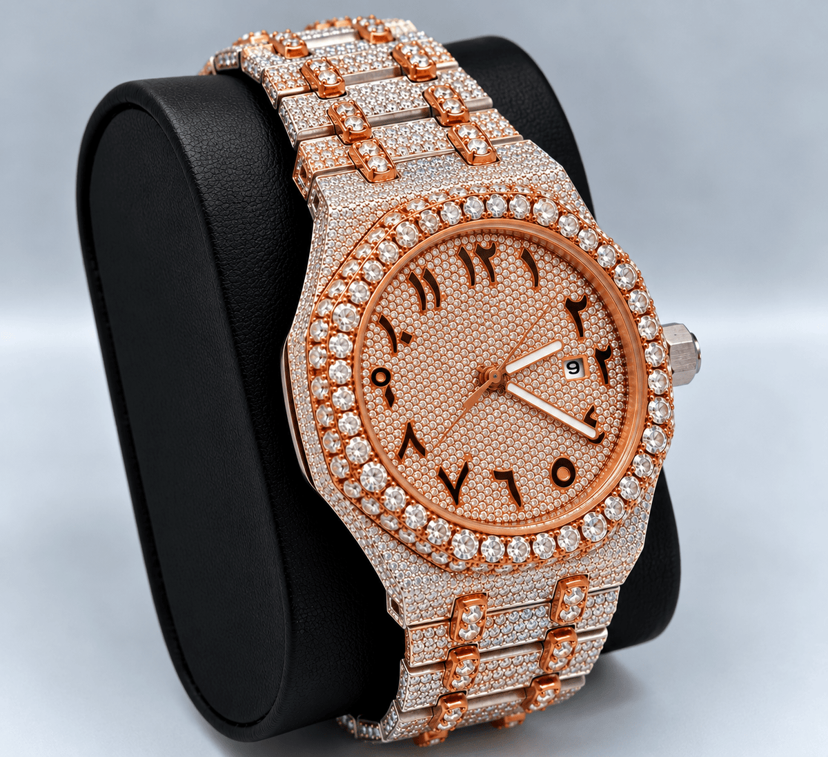 Fully Iced-Out Arabic Dial Watch – Silver, Gold & Rose Gold - Virtue JewelRose gold