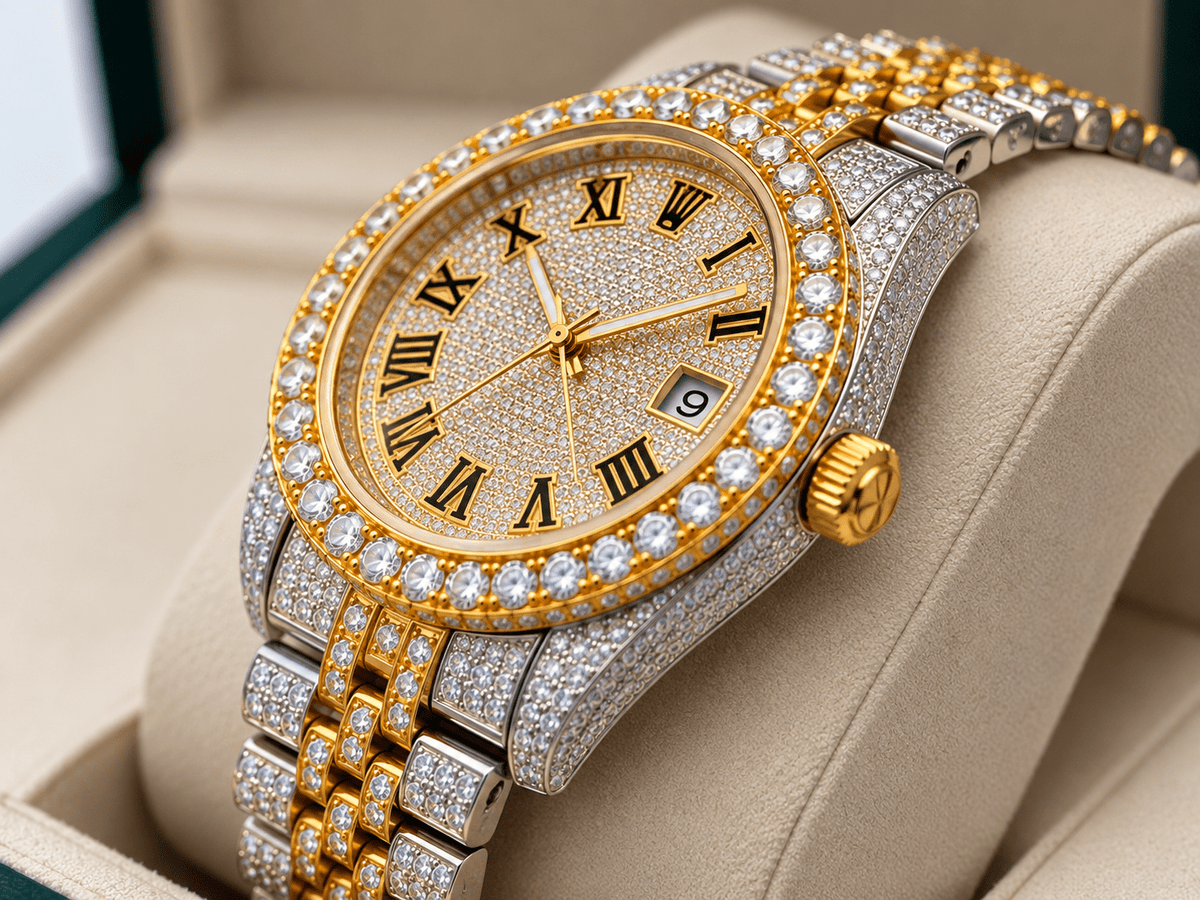Fully Iced-Out Roman Numeral Dial Watch – Two-Tone Gold & Silver - Virtue JewelSilver