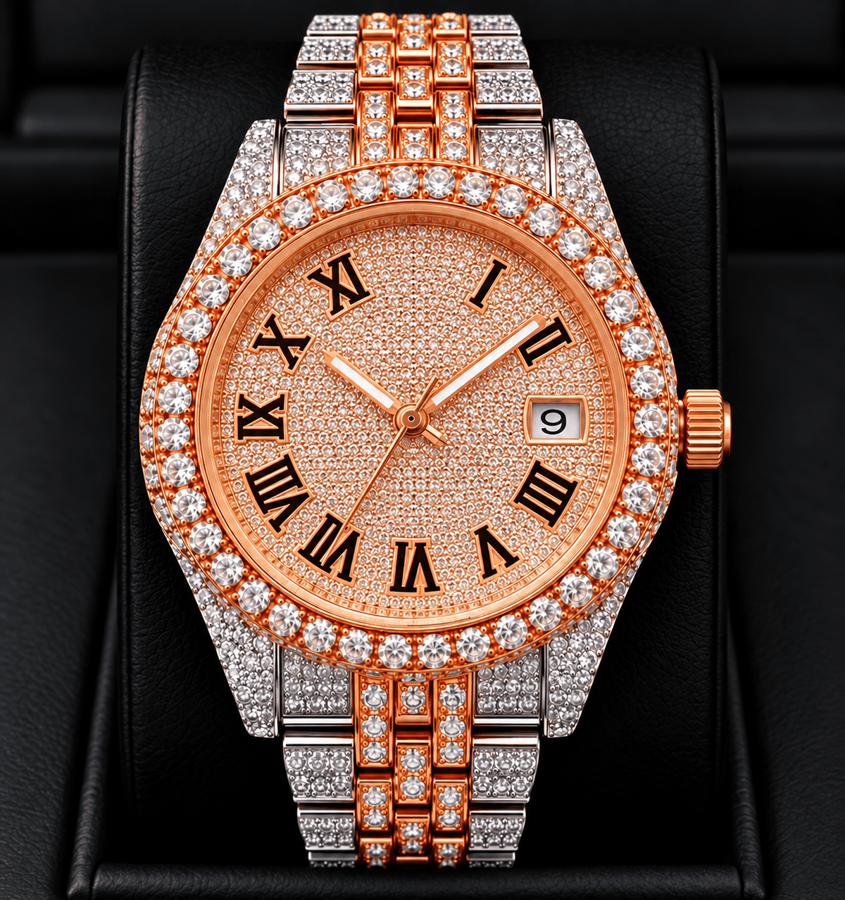 Fully Iced-Out Roman Numeral Dial Watch – Two-Tone Gold & Silver - Virtue JewelSilver