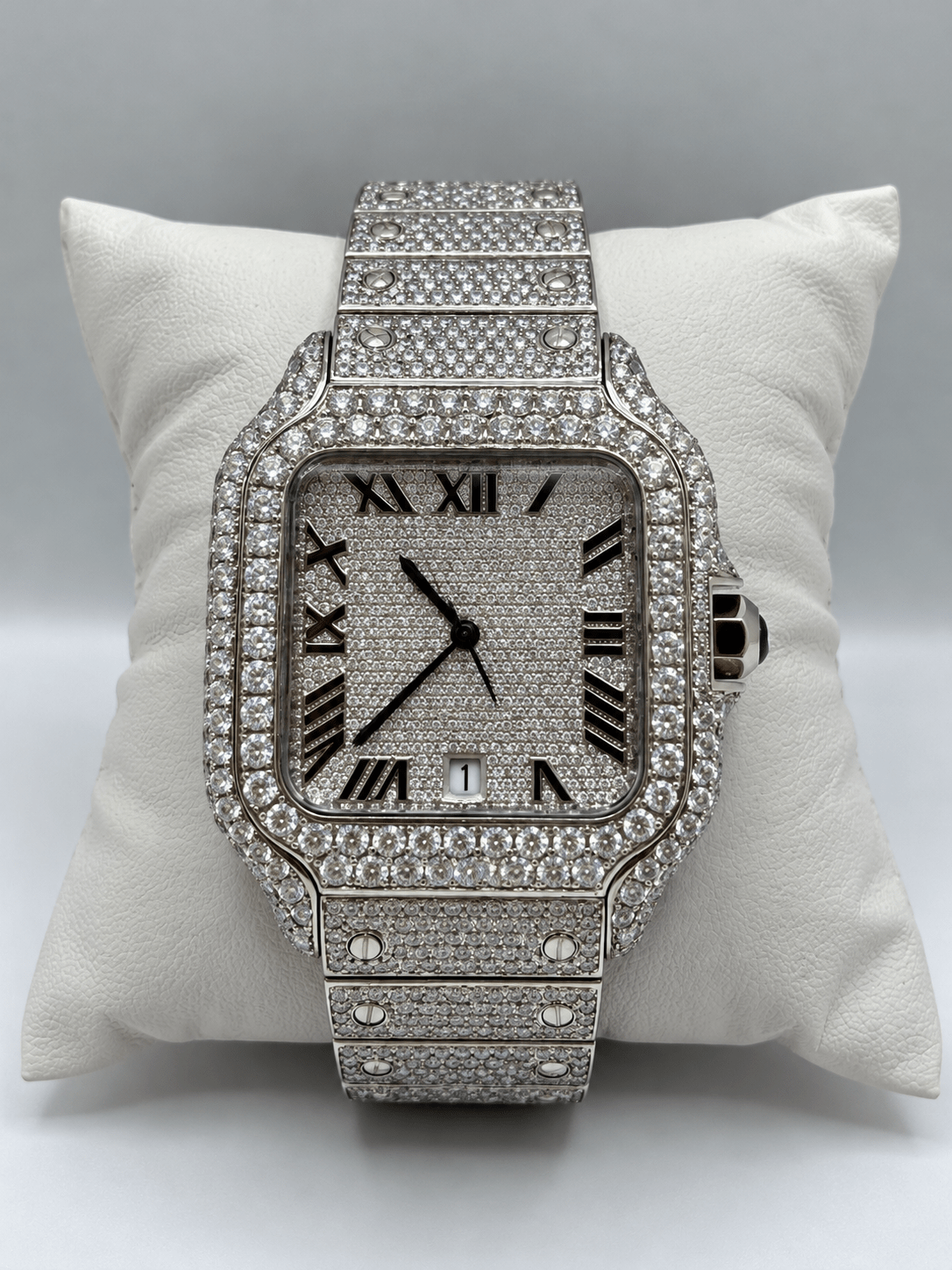 Fully Iced-Out Square Automatic Watch – Silver, Gold & Rose Gold- Roman Numerals - Virtue JewelSilver