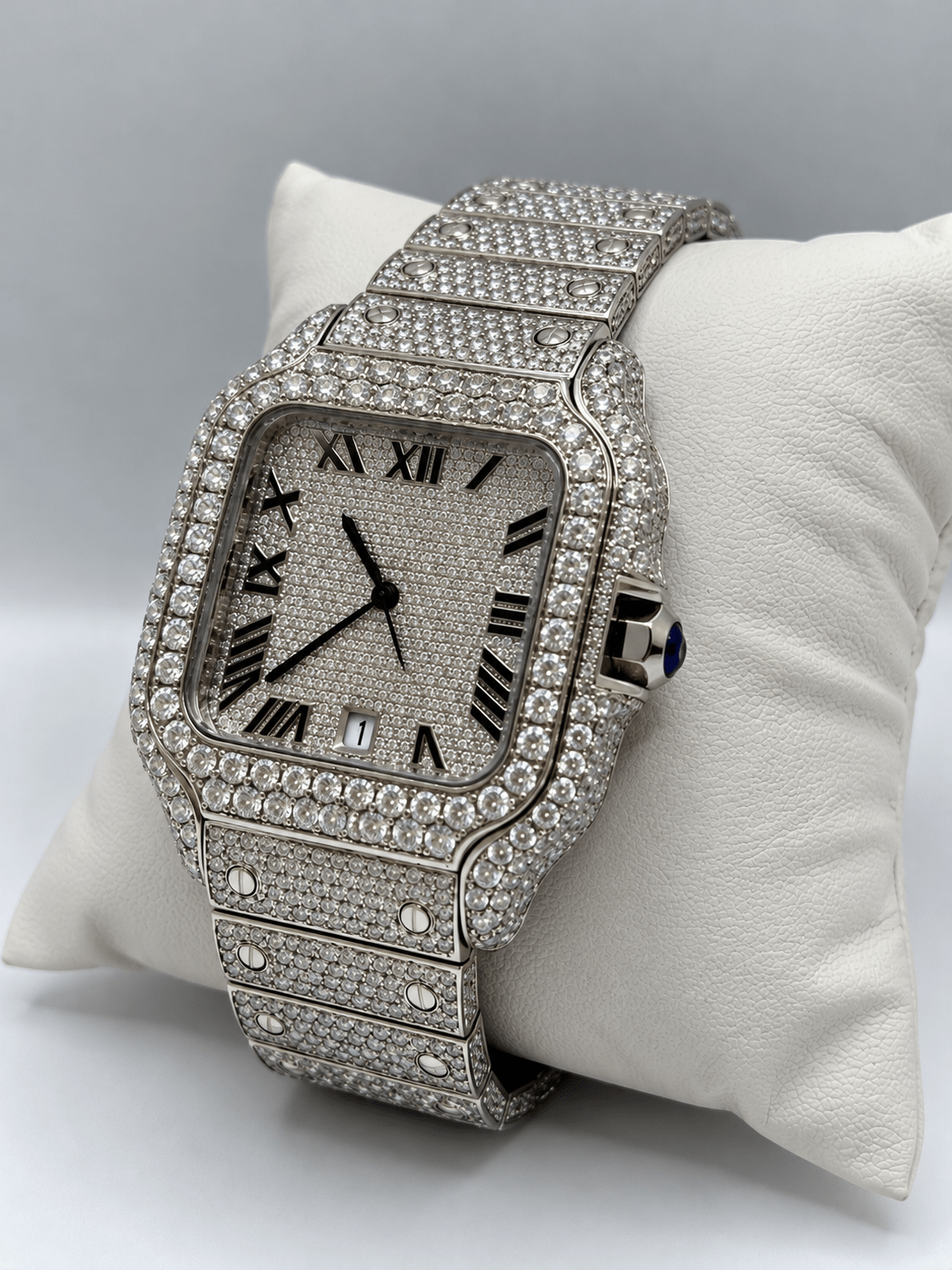 Fully Iced-Out Square Automatic Watch – Silver, Gold & Rose Gold- Roman Numerals - Virtue JewelSilver