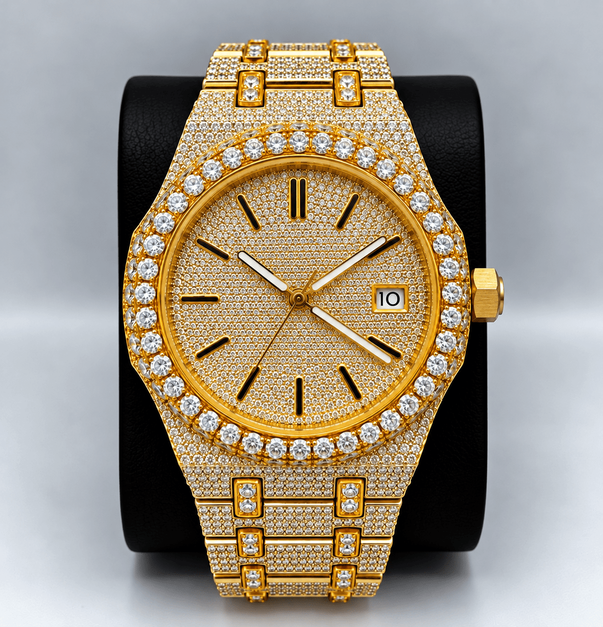 Fully Iced-Out Tick Dial Watch – Diamond-Style Bezel & Bracelet | Silver, Gold & Rose Gold - Virtue JewelGold