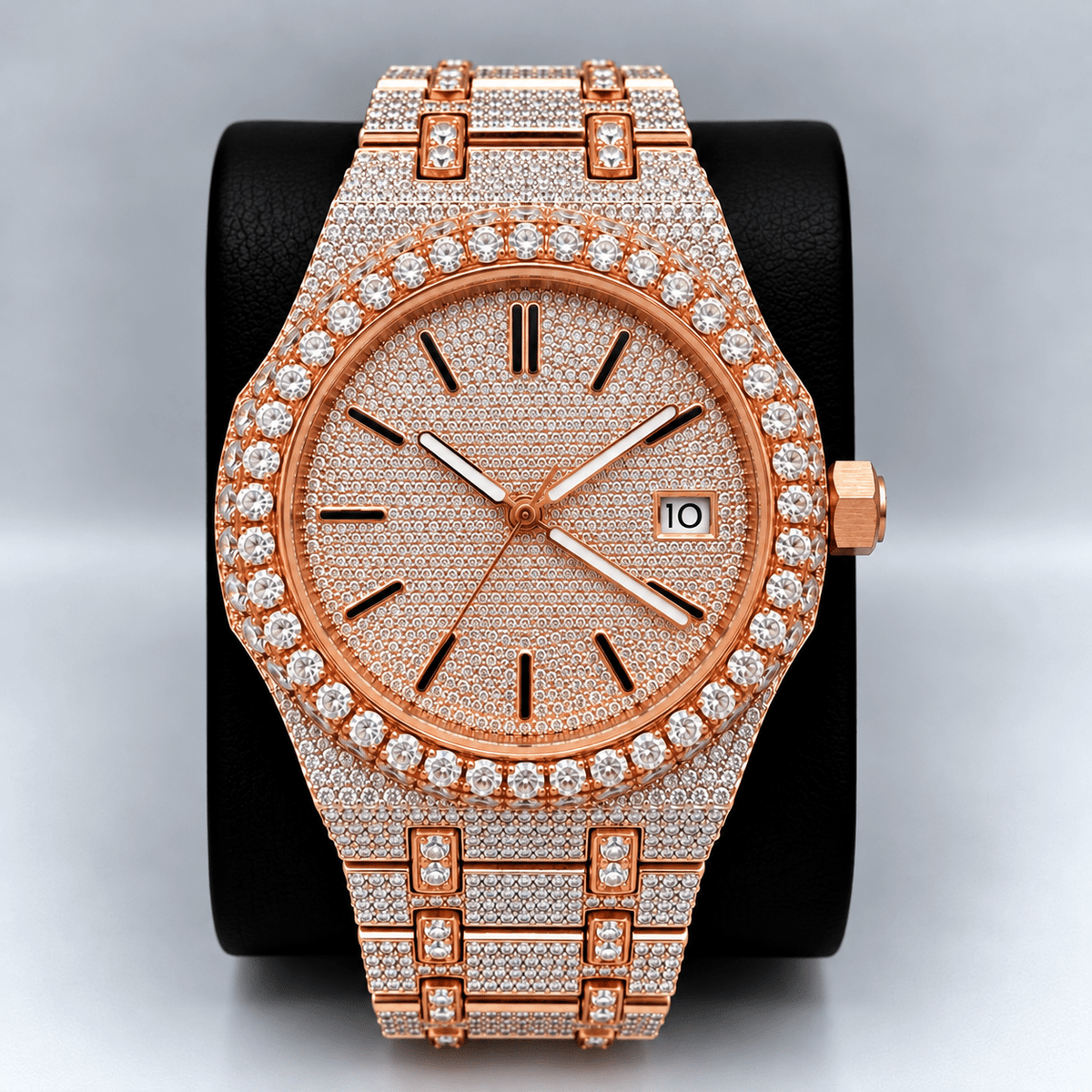 Fully Iced-Out Tick Dial Watch – Diamond-Style Bezel & Bracelet | Silver, Gold & Rose Gold - Virtue JewelGold