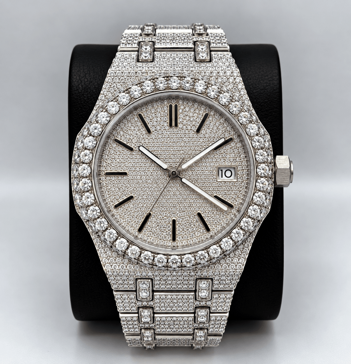 Fully Iced-Out Tick Dial Watch – Diamond-Style Bezel & Bracelet | Silver, Gold & Rose Gold - Virtue JewelGold