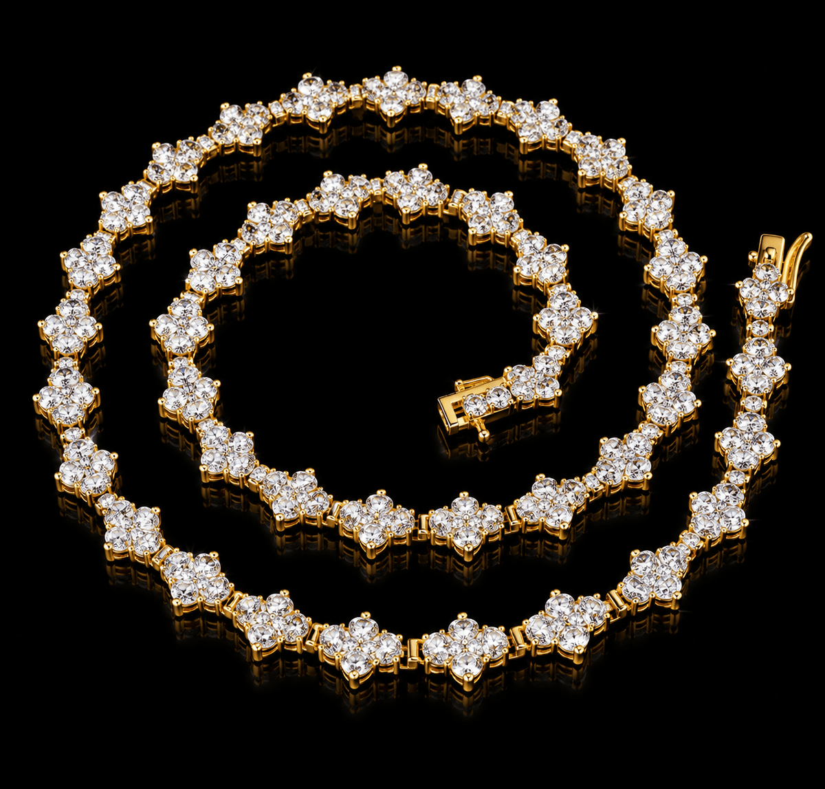Gold Floral Cluster Tennis Chain – Iced-Out Flower Design Necklace - Virtue Jewel