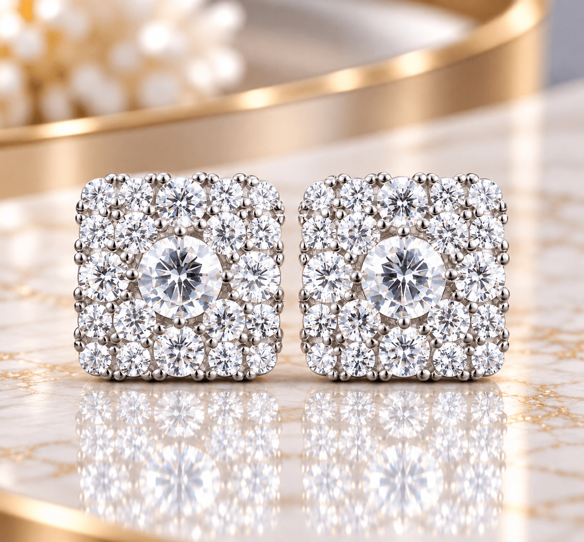 GRA Certified Square Cluster Halo Stud Earrings – 925 Sterling Silver VVS Moissanite - Virtue JewelWhite GoldEarrings