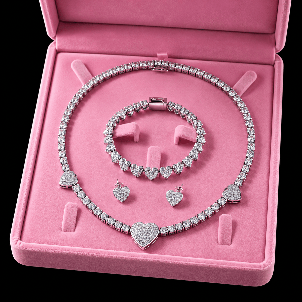 Heart Desire Iced-Out Tennis Necklace, Bracelet & Earrings Set – Gold & Silver - Virtue JewelGold