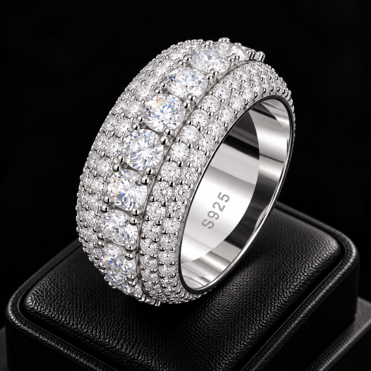 Iced Out 5 Row Moissanite Ring – 925 Sterling Silver, White Gold & Gold - Virtue JewelSilver
