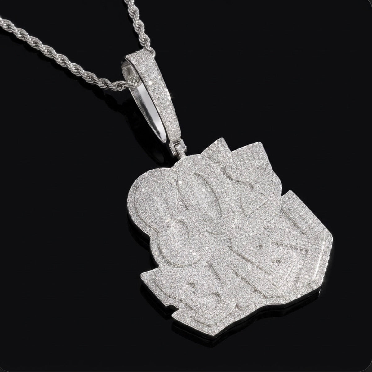 Iced Out "80’s Baby” Script Pendant Necklace – Full Pavé, Gold & White Gold with Rope Chain - Virtue JewelGold