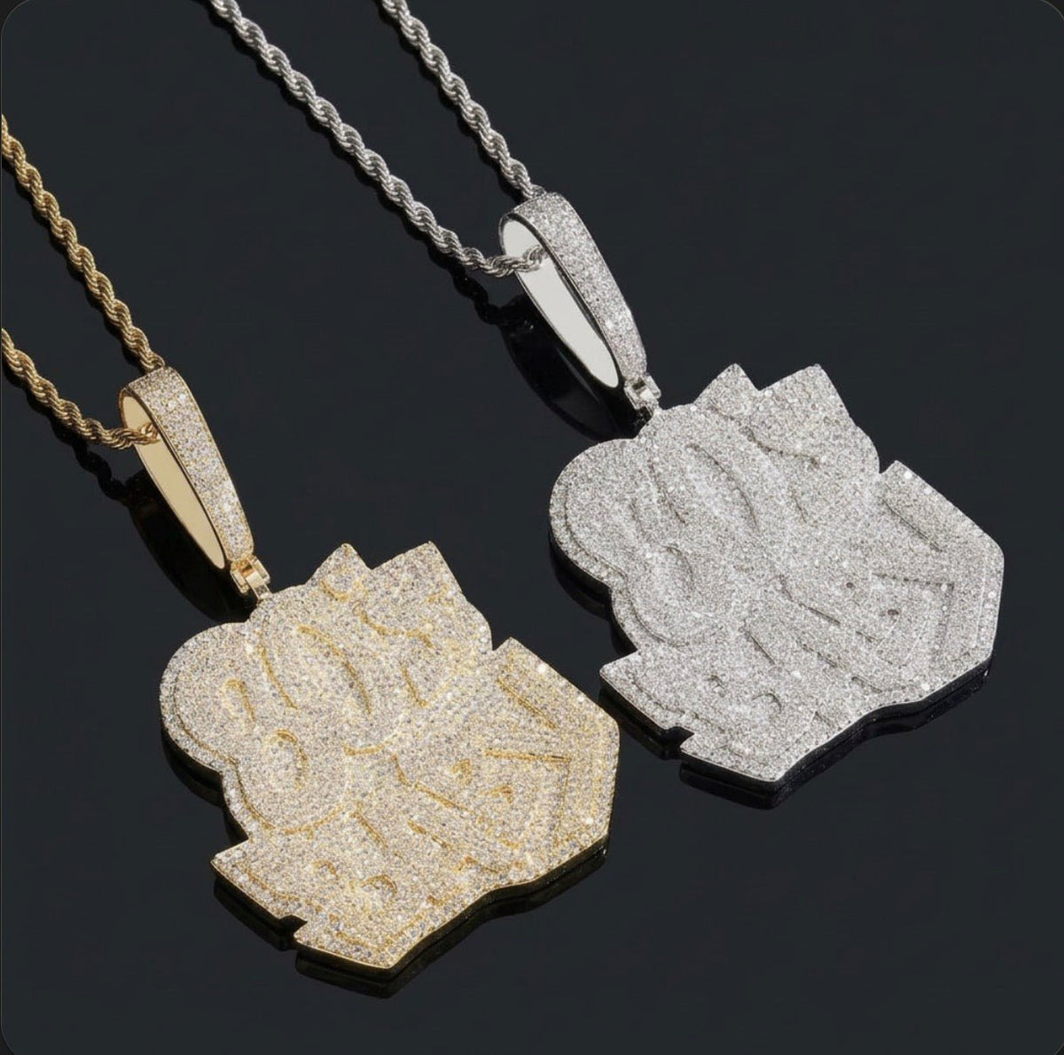 Iced Out "80’s Baby” Script Pendant Necklace – Full Pavé, Gold & White Gold with Rope Chain - Virtue JewelGold