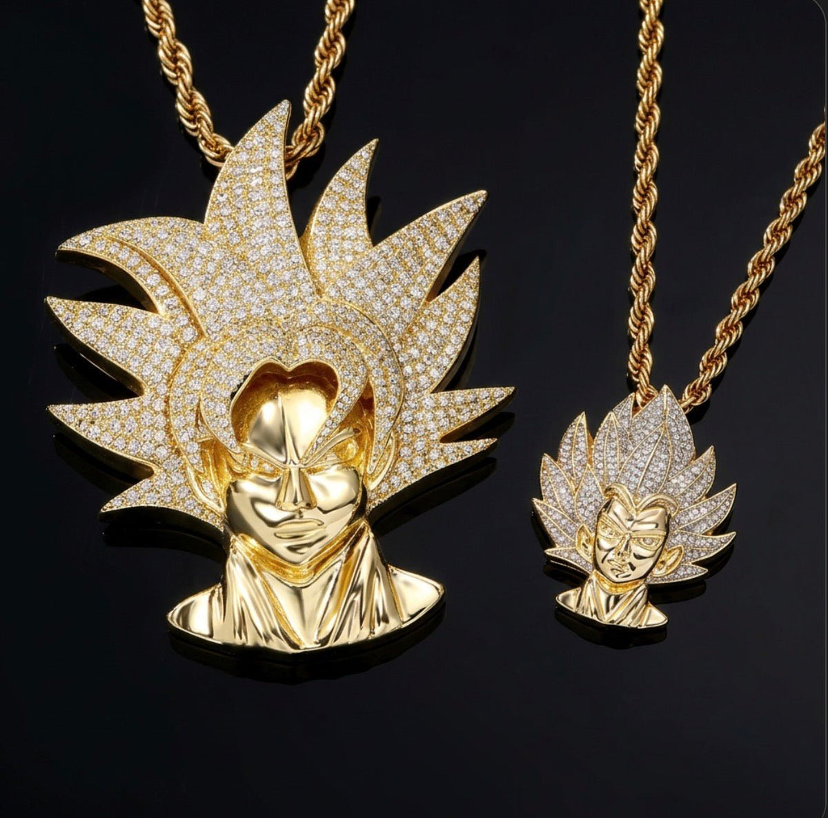 Iced Out Anime Warrior Pendant Necklace – Spiky Hair, Zircon Pavé, Gold with 3mm Rope Chain - Virtue JewelClear