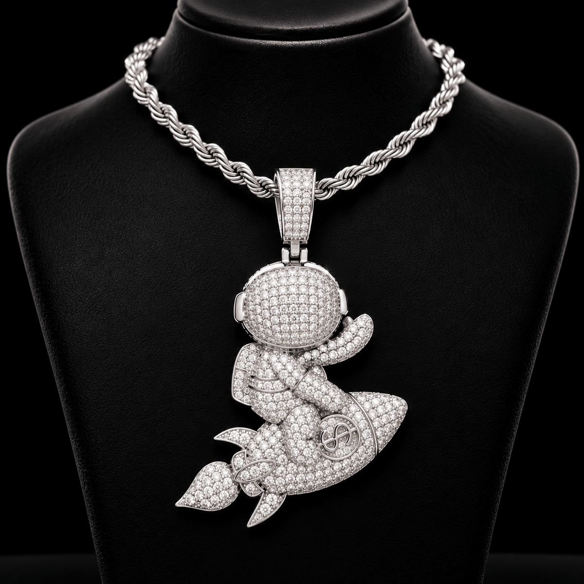 Iced Out Astronaut Riding Rocket Pendant – VVS Moissanite, Gold & White Gold - Virtue JewelSilver