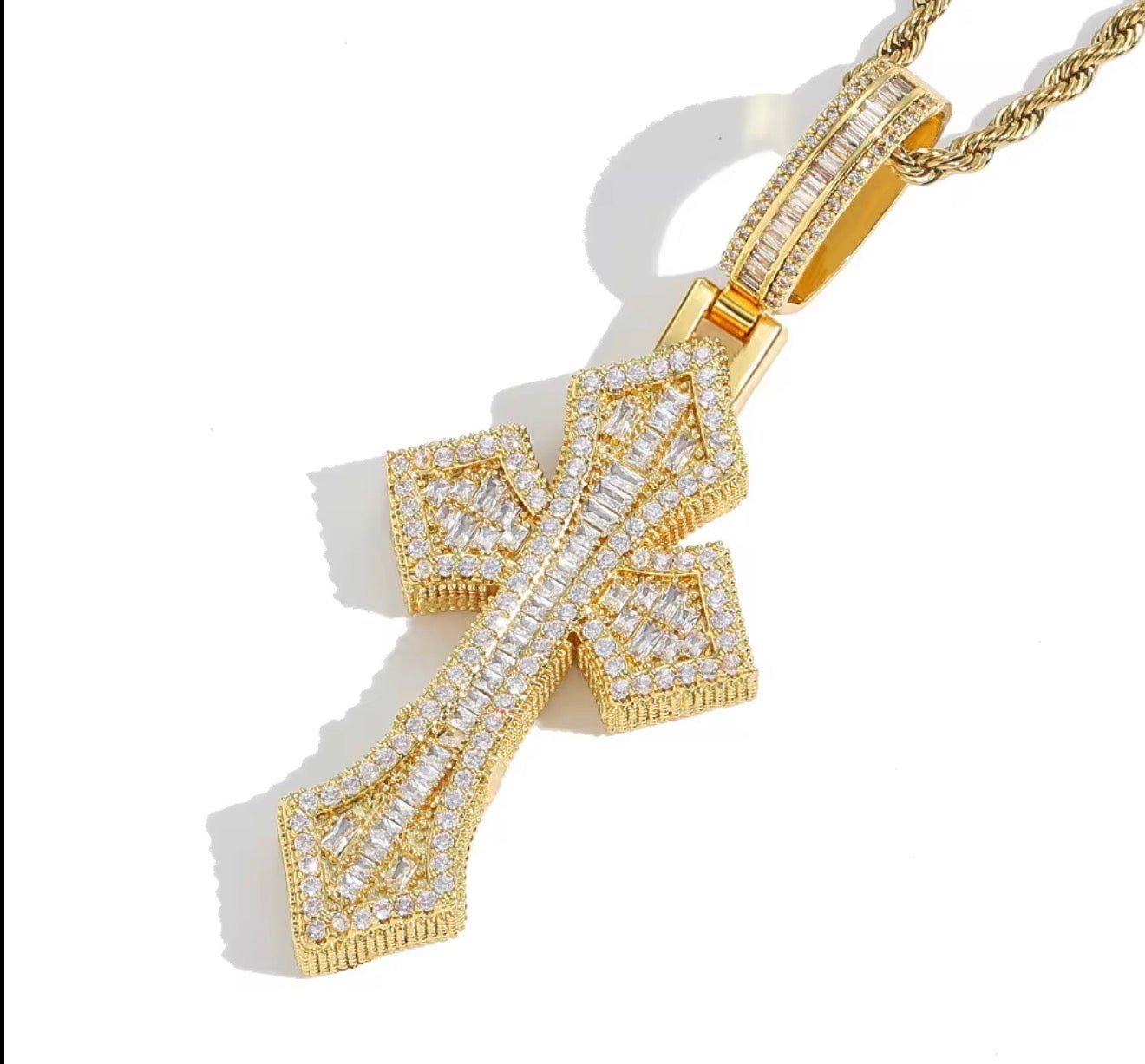 Iced Out Baguette Cross Pendant (Rope Chain Included) - Virtue JewelGold20"Pendant