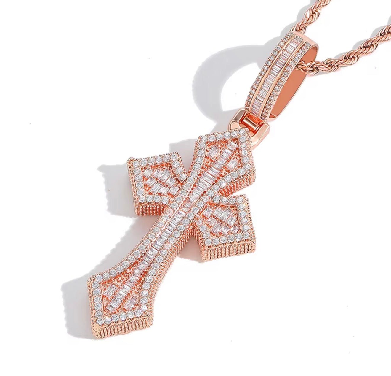 Iced Out Baguette Cross Pendant (Rope Chain Included) - Virtue JewelGold20"Pendant