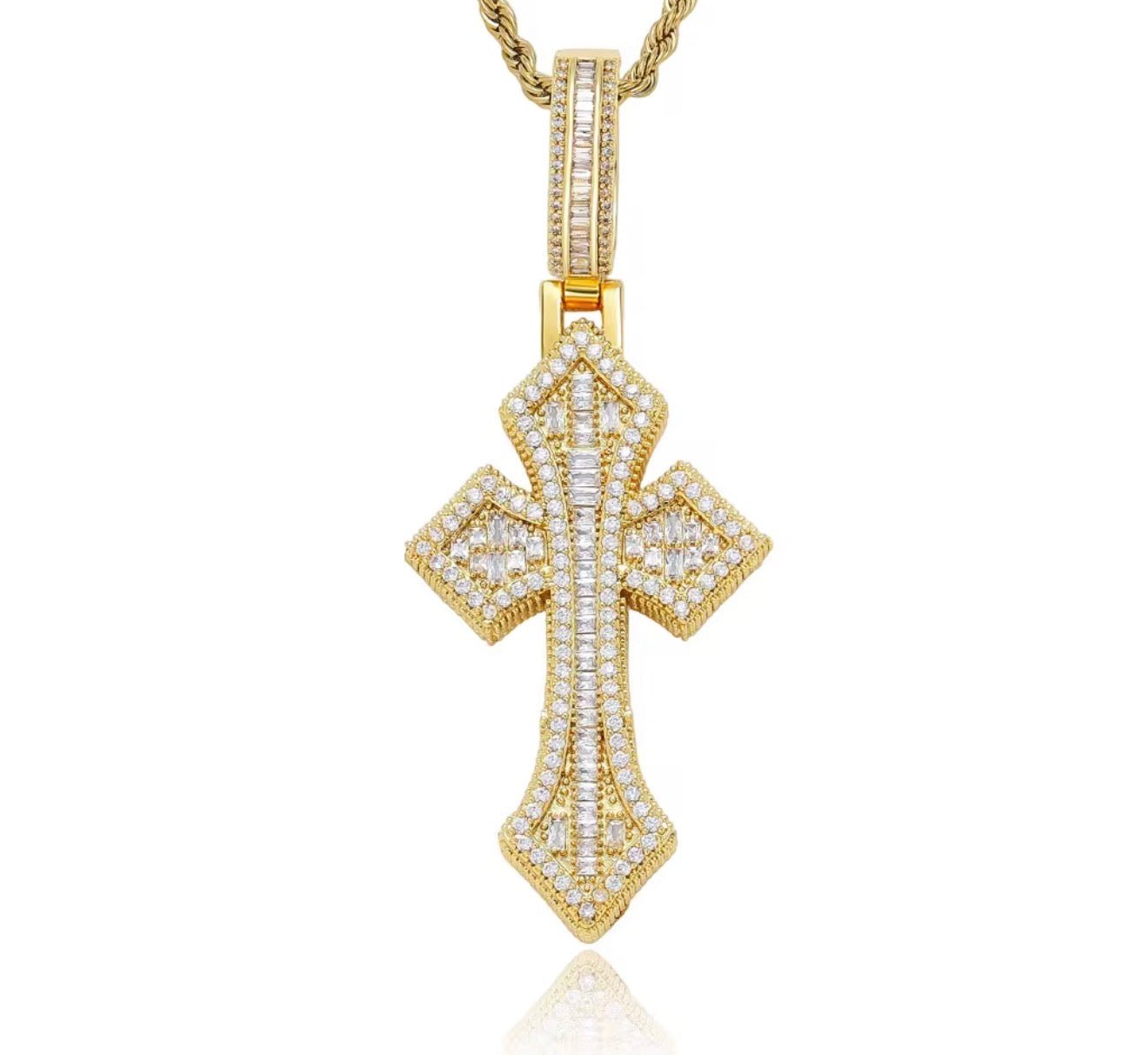 Iced Out Baguette Cross Pendant (Rope Chain Included) - Virtue JewelGold20"Pendant