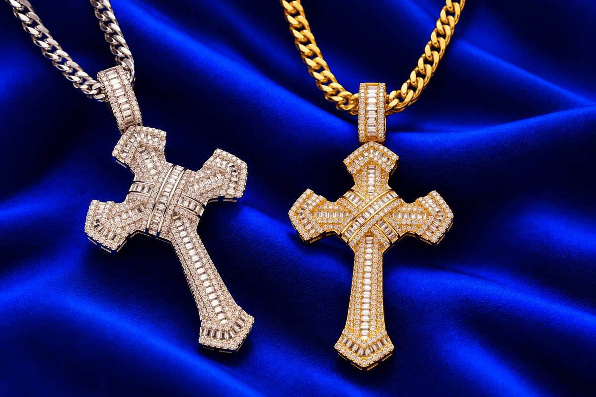 Iced Out Baguette CZ Cross Pendant Necklace – Vintage Hip Hop - Virtue JewelSilverPendant