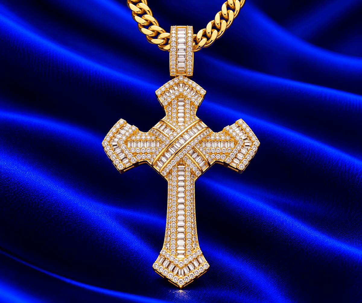 Iced Out Baguette CZ Cross Pendant Necklace – Vintage Hip Hop - Virtue JewelSilverPendant
