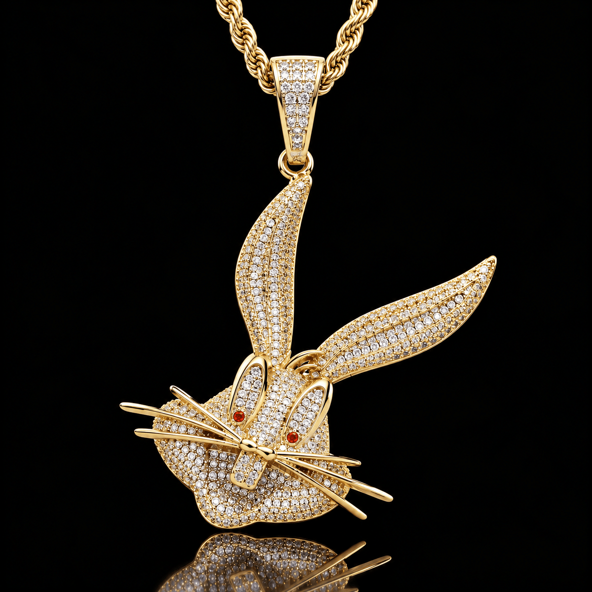 Iced Out Bugs Bunny Pendant Necklace – CZ Rope Chain, Gold & Silver - Virtue JewelSilver