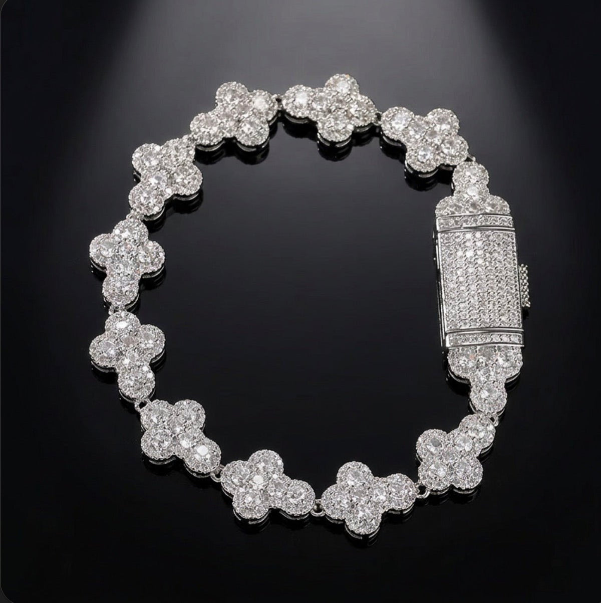 Iced Out Clover Link Bracelet – Full Pavé Halo Clovers, Gold & White Gold - Virtue JewelGold