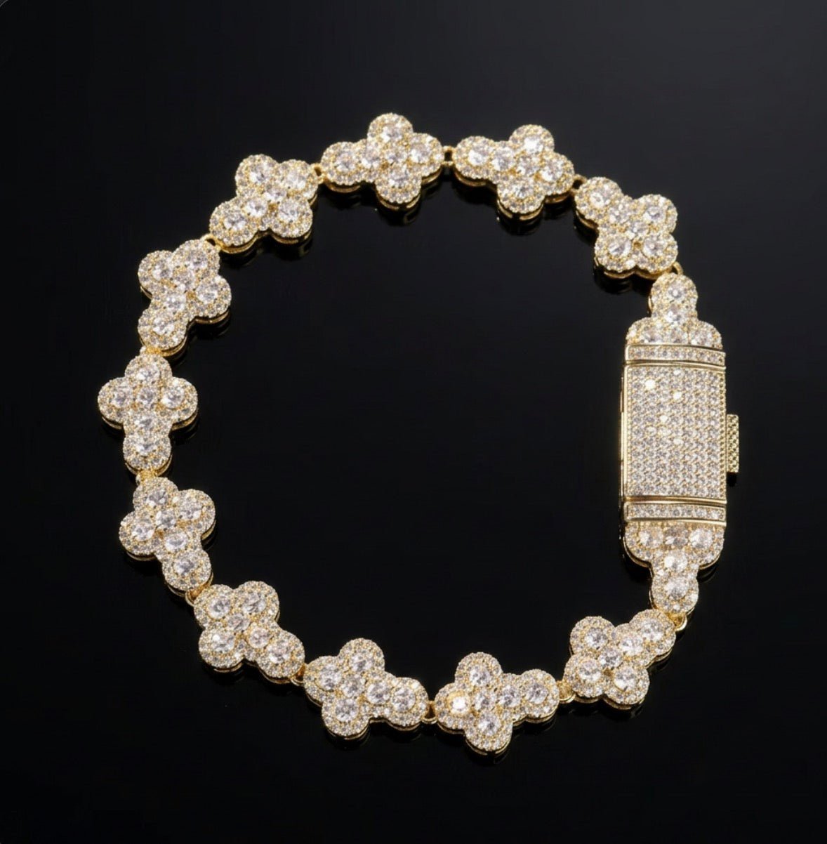 Iced Out Clover Link Bracelet – Full Pavé Halo Clovers, Gold & White Gold - Virtue JewelGold