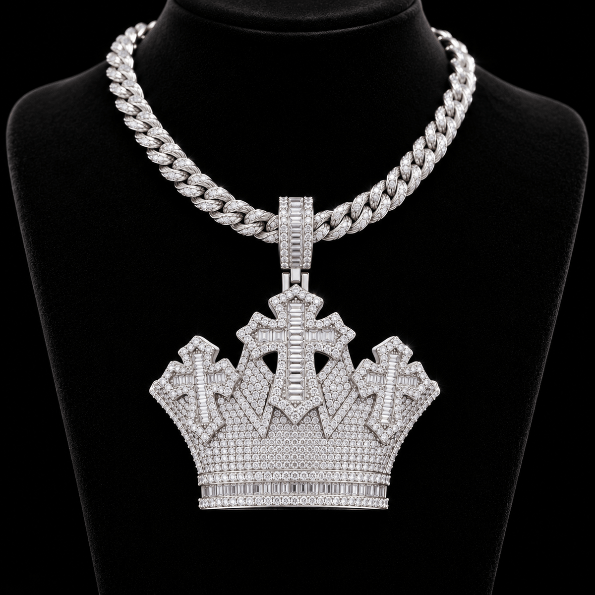 Iced Out Crown Pendant Necklace – Three Crosses, VVS Moissanite, Gold & White Gold - Virtue JewelSilver