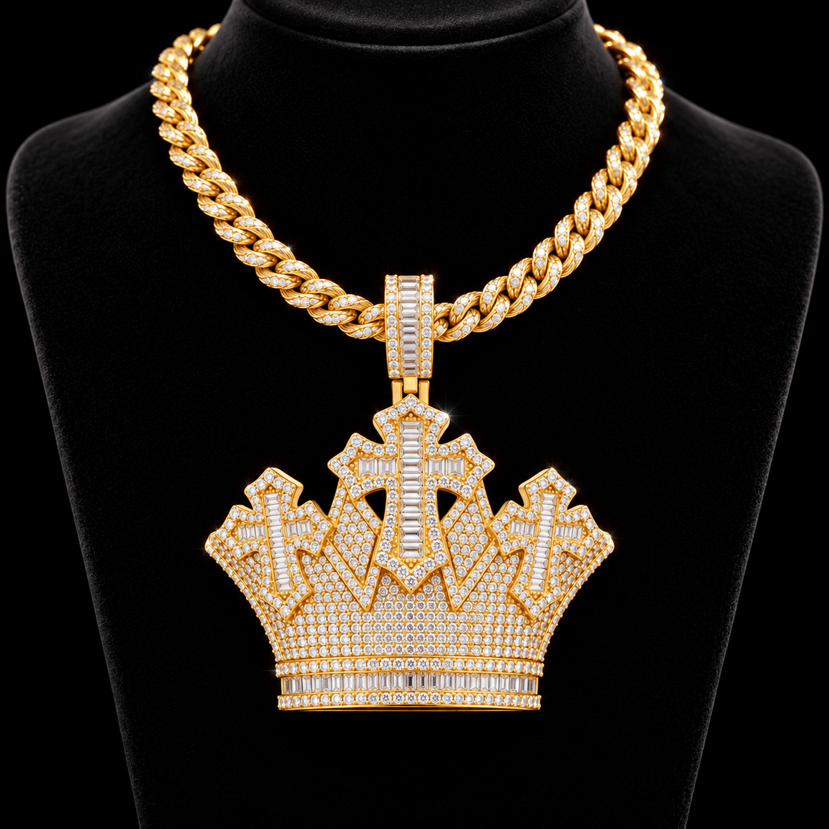 Iced Out Crown Pendant Necklace – Three Crosses, VVS Moissanite, Gold & White Gold - Virtue JewelSilver