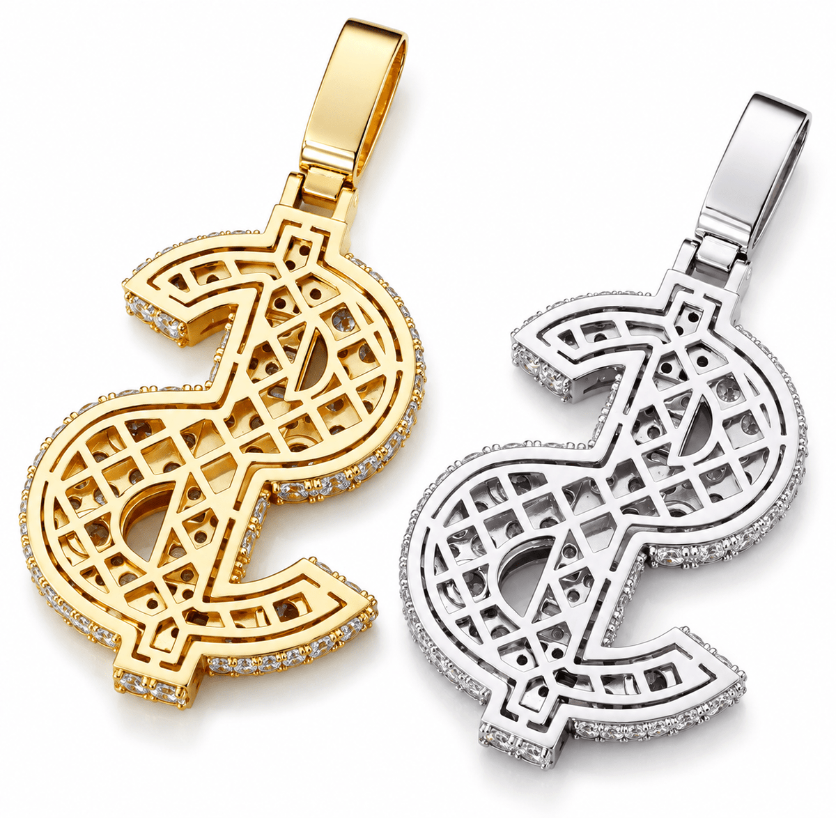 Iced Out Dollar Sign Pendant – VVS Moissanite, White Gold & Gold Plated - Virtue JewelWhite Gold Plated