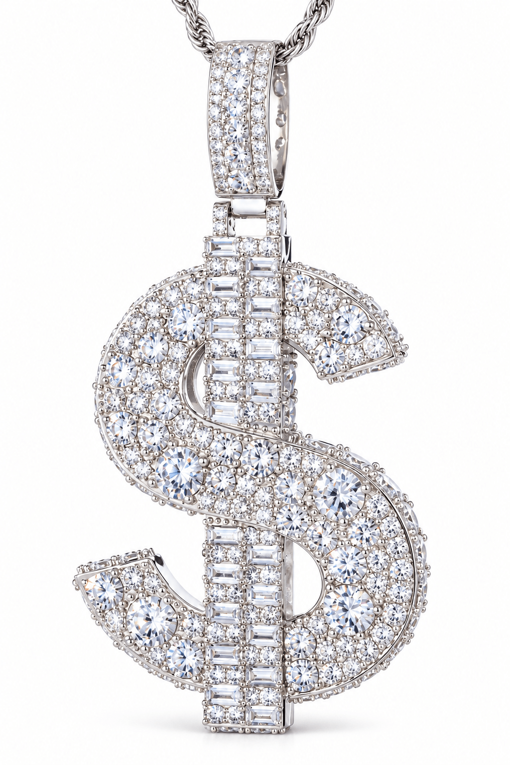 Iced Out Dollar Sign Pendant – VVS Moissanite, White Gold & Gold Plated - Virtue JewelWhite Gold Plated