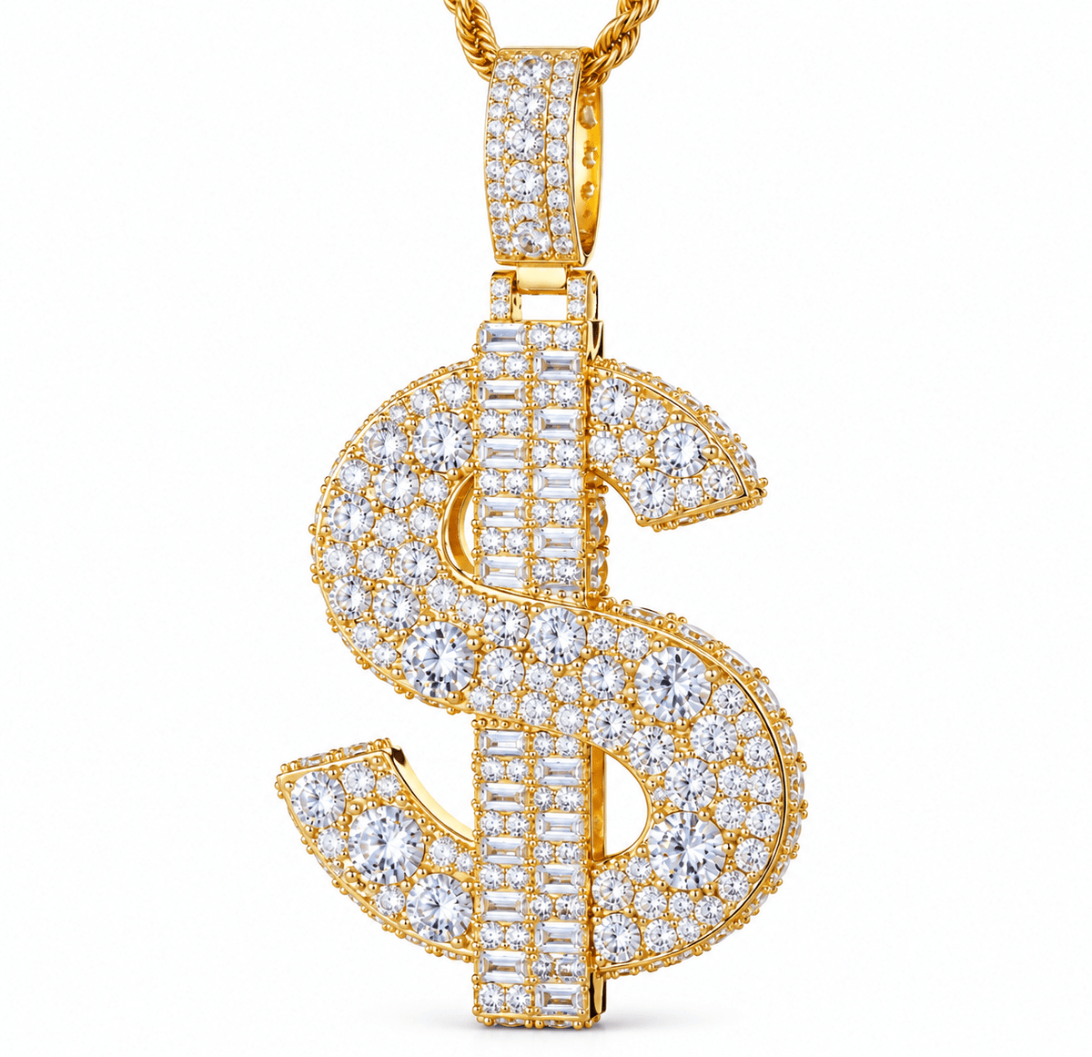 Iced Out Dollar Sign Pendant – VVS Moissanite, White Gold & Gold Plated - Virtue JewelWhite Gold Plated