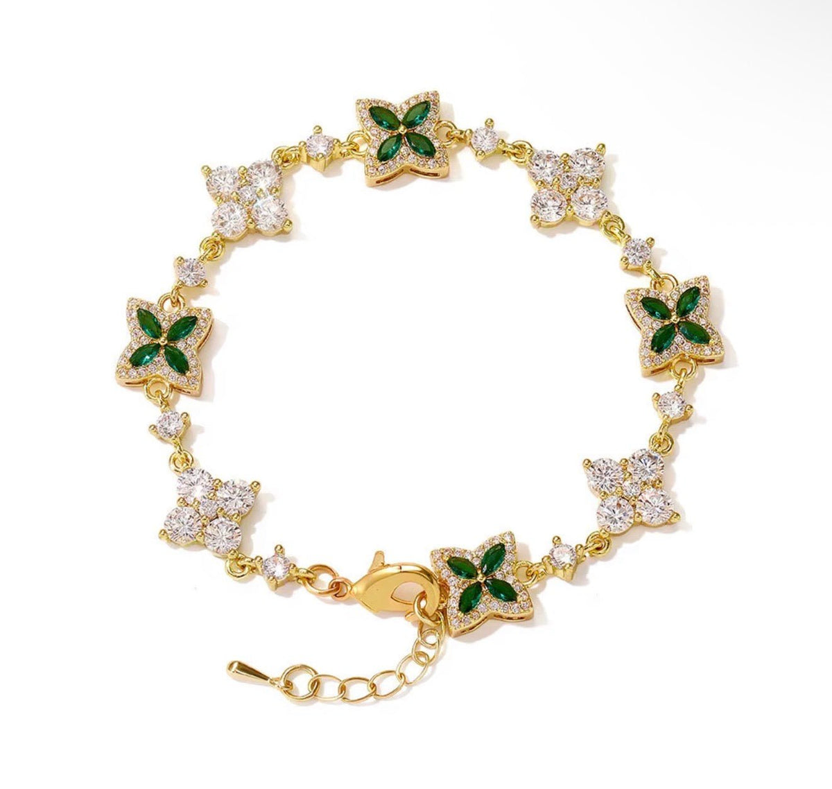 Iced Out Four Leaf Clover Adjustable Bracelet - Virtue JewelGold + GreenBracelets