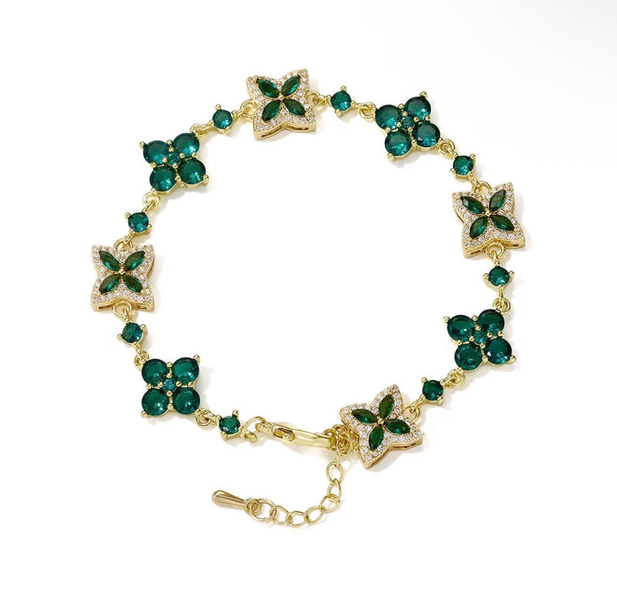 Iced Out Four Leaf Clover Adjustable Bracelet - Virtue JewelGold + GreenBracelets