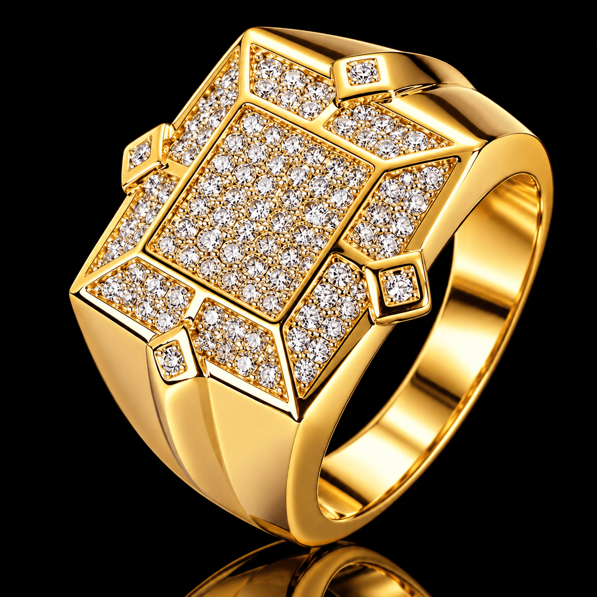 Iced Out Geometric Square Signet Ring – Full CZ Pavé, Gold & Silver - Virtue JewelGold7