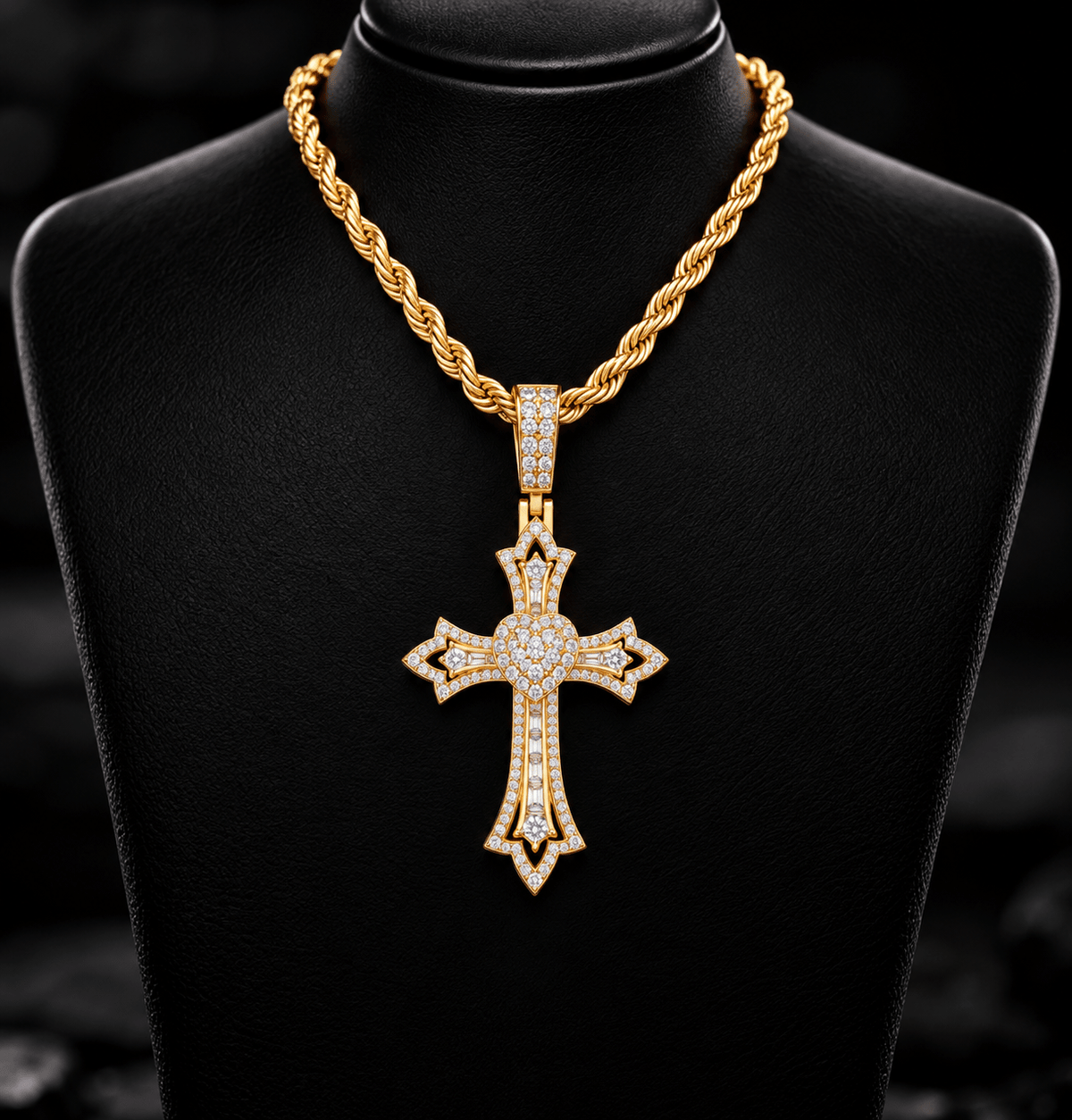 Iced Out Gothic Heart Cross Pendant – VVS Moissanite, 3-Layer Design, Gold & White Gold - Virtue JewelWhite Gold